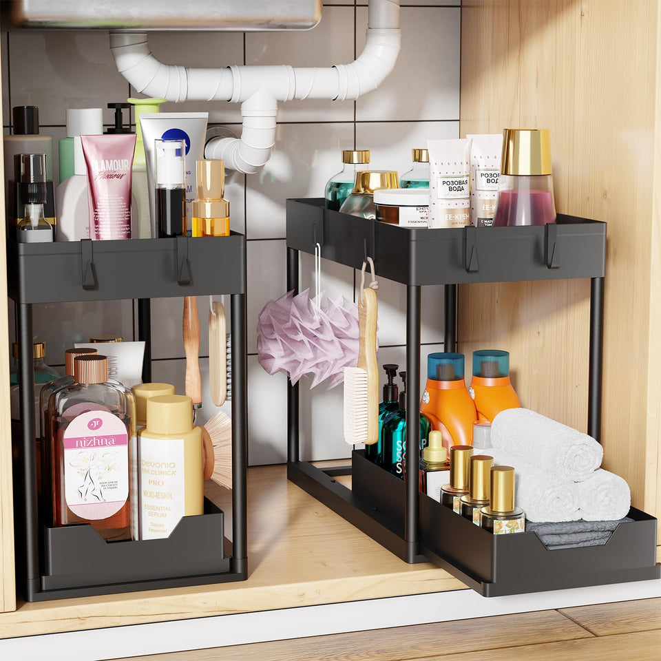 Simple Trending under-sink organizer front view in black for space-saving storage.