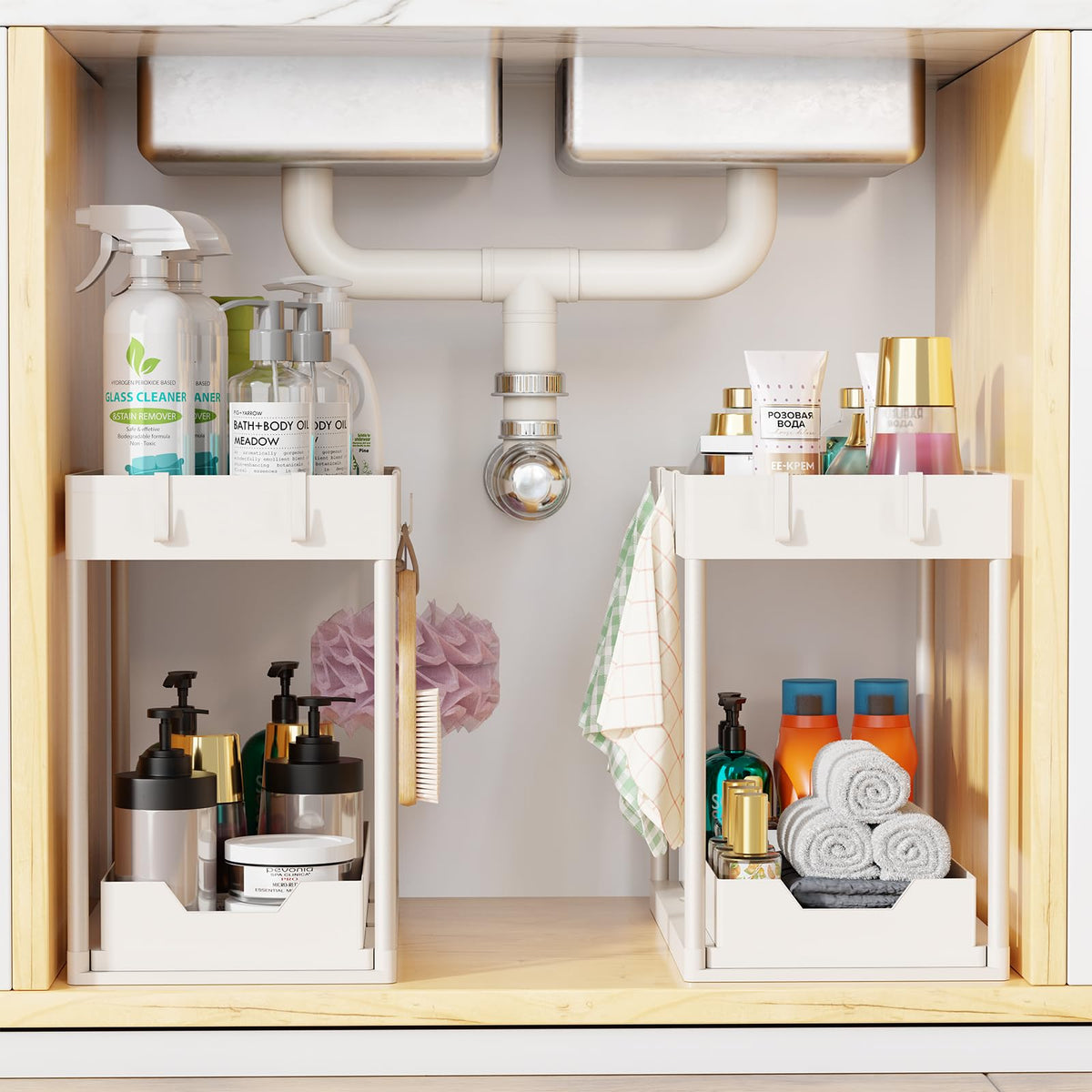 Simple Trending white under-sink organizer boosts cabinet organization.
