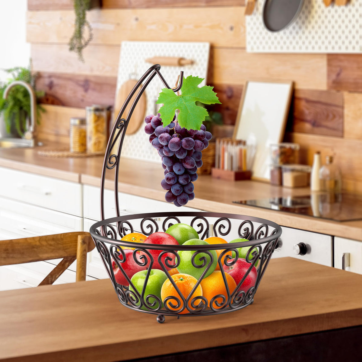 SimpleHouseware bronze fruit display with removable hanger for hanging bananas