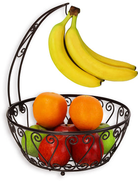 SimpleHouseware bronze fruit bowl with banana tree hanger on countertop