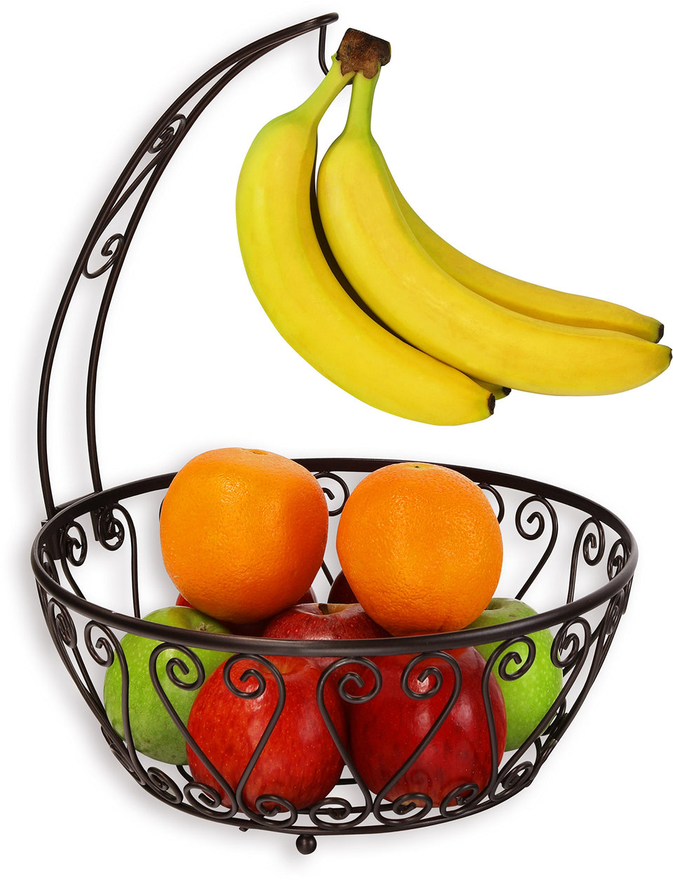 SimpleHouseware bronze fruit bowl with banana tree hanger on countertop