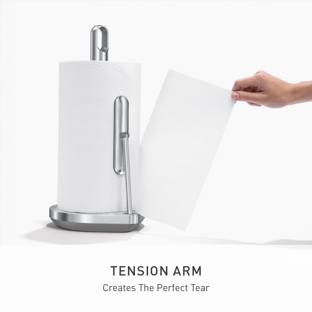simplehuman brushed stainless steel stand and pump close-up showing smooth dispensing.
