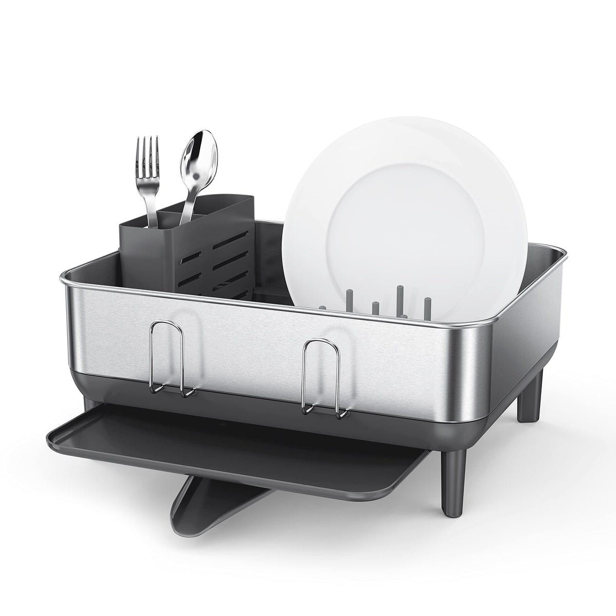 Simplehuman compact dish drying rack with steel frame drains water directly into the sink.