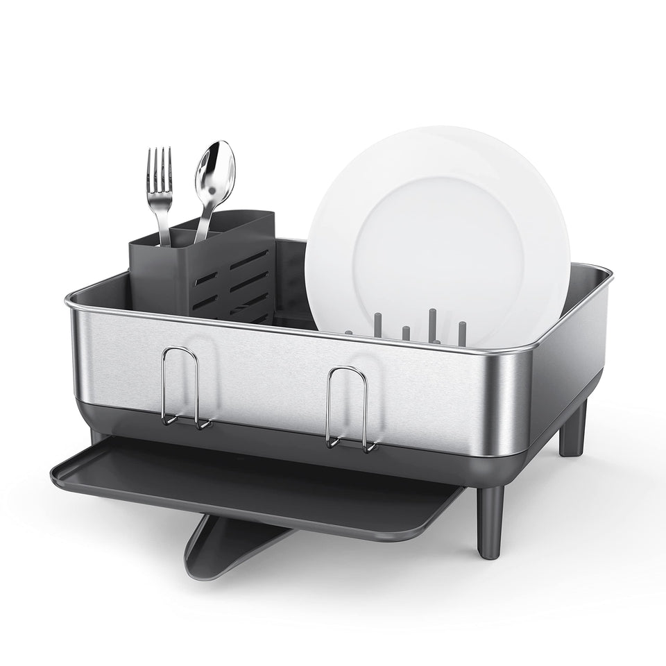 Simplehuman compact dish drying rack with steel frame drains water directly into the sink.
