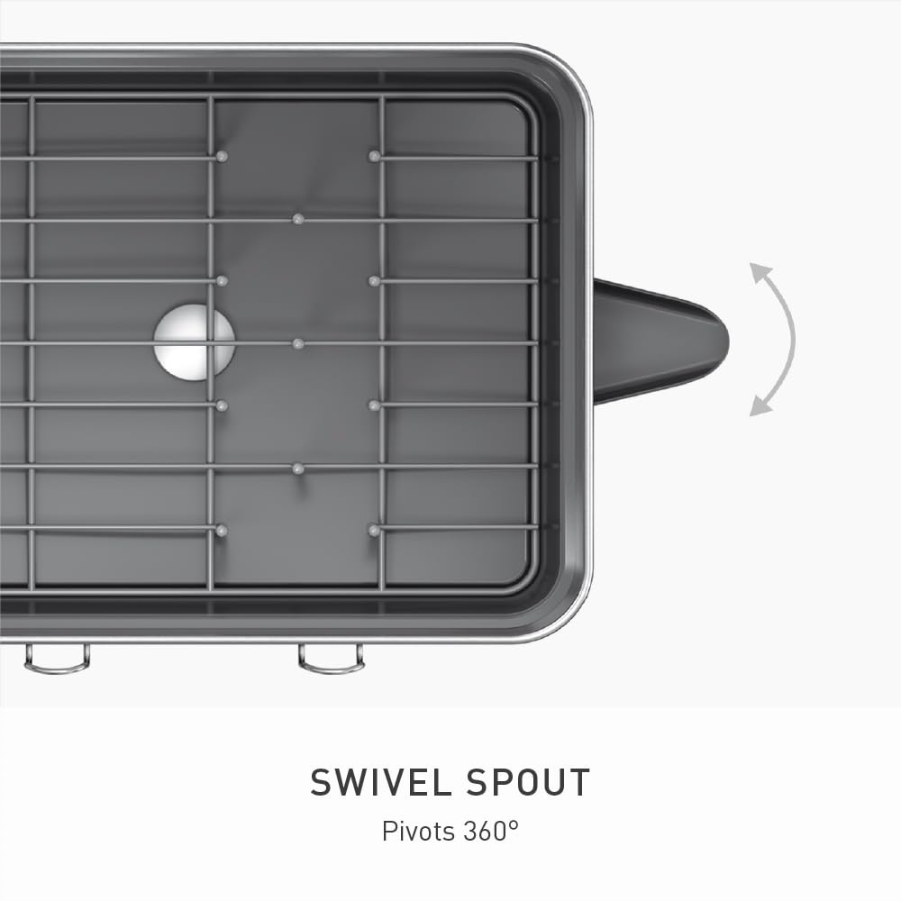 simplehuman dish drying rack with 360 swivel spout drains directly into the sink for flexible placement