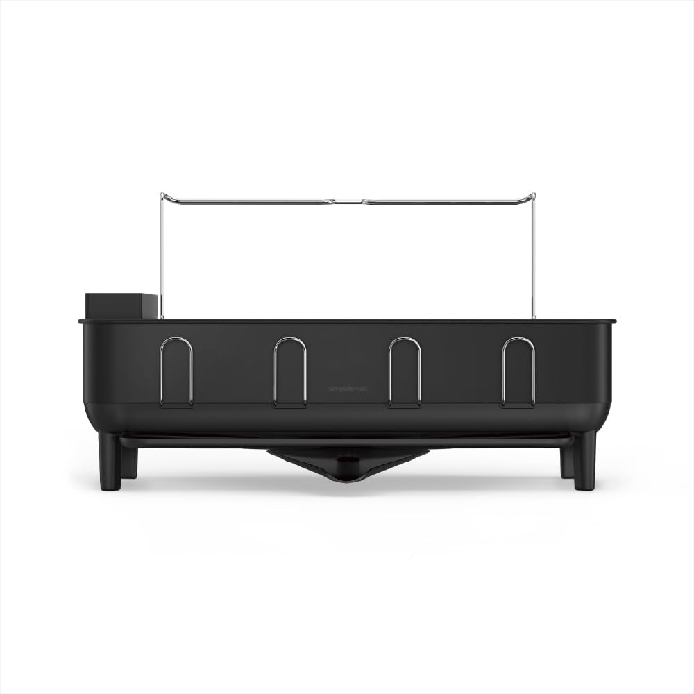 simplehuman dish drying rack with swiveling spout directs water to the sink