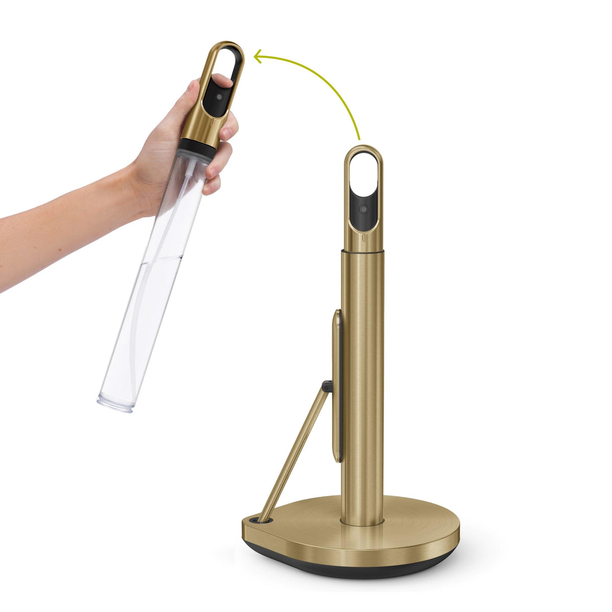 Simplehuman standing paper towel holder with brass spray pump for quick cleanups.