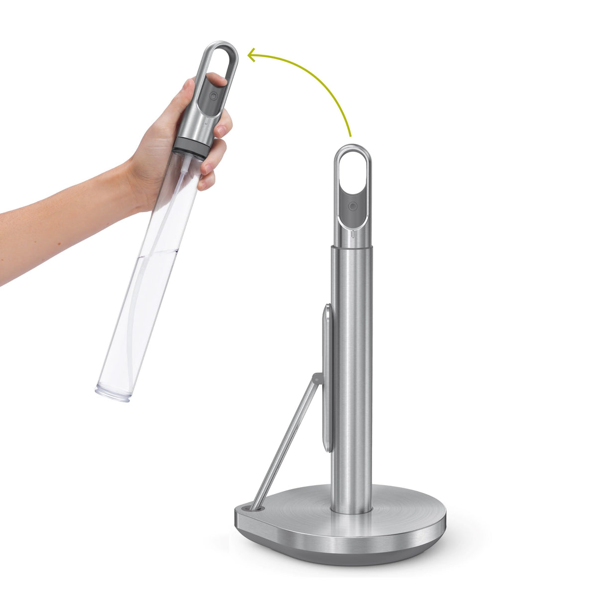 simplehuman standing paper towel holder with spray pump, front view, one-handed tearing for quick cleanup.