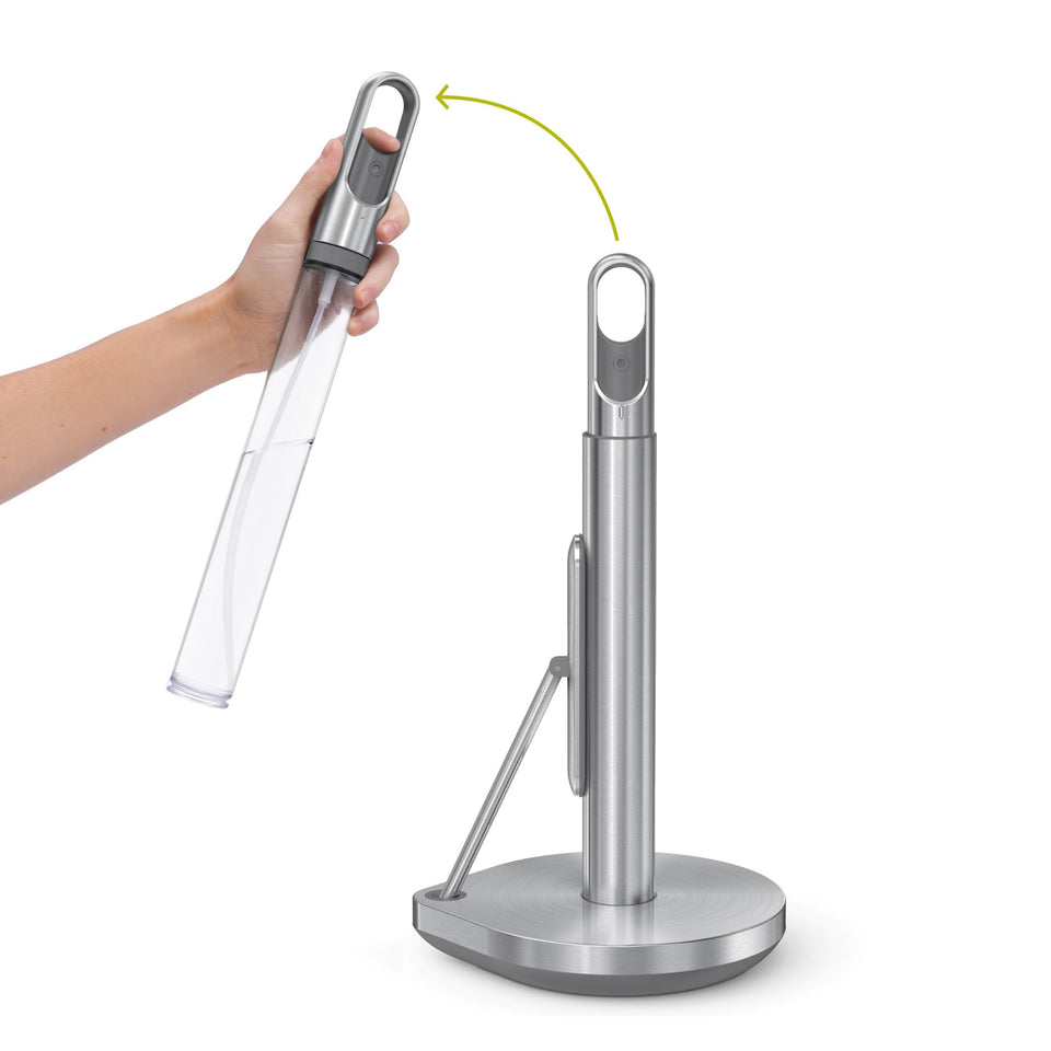 simplehuman standing paper towel holder with spray pump, front view, one-handed tearing for quick cleanup.