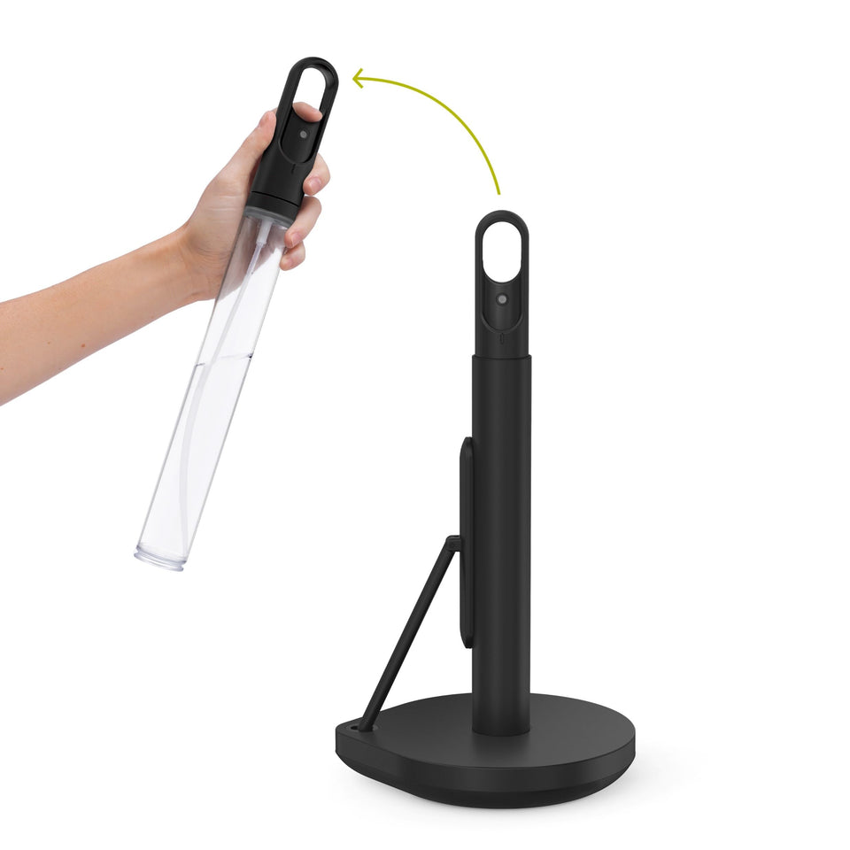 simplehuman standing towel holder with spray pump demonstrates integrated design for fast cleaning