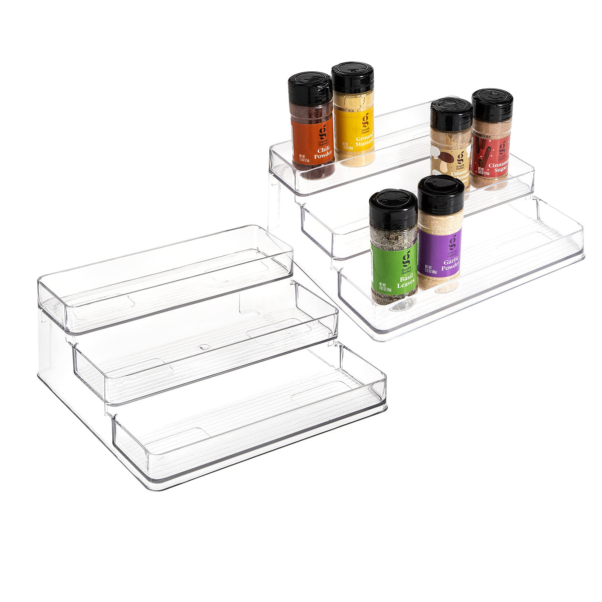 SimpleMade 3-tier spice rack keeps spice bottles visible and organized on the counter.