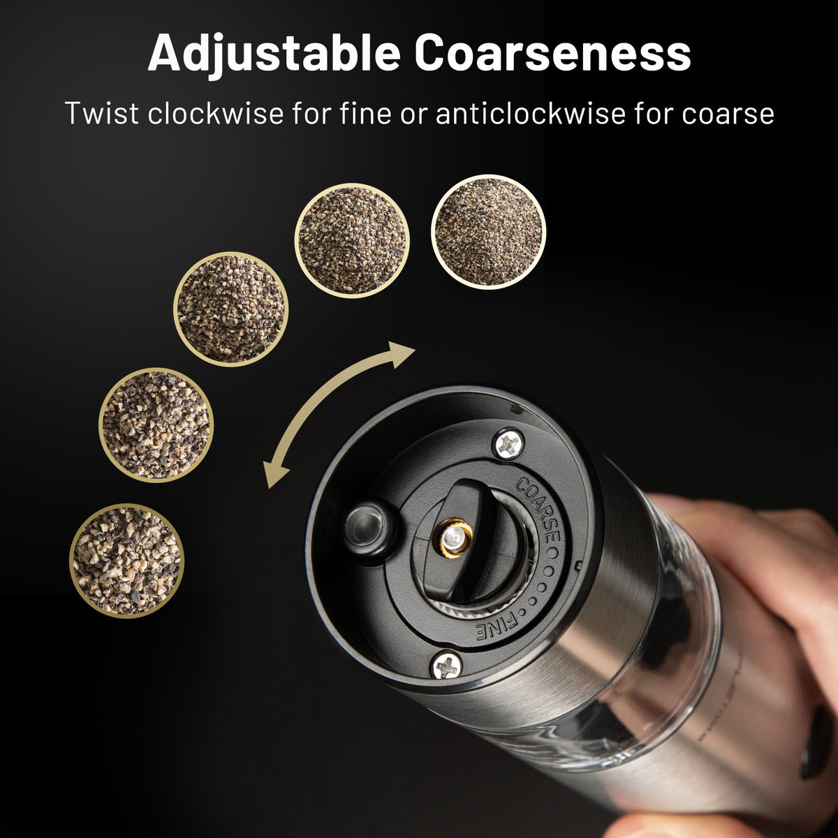 SIMPLETASTE grinder with adjustable coarseness settings.