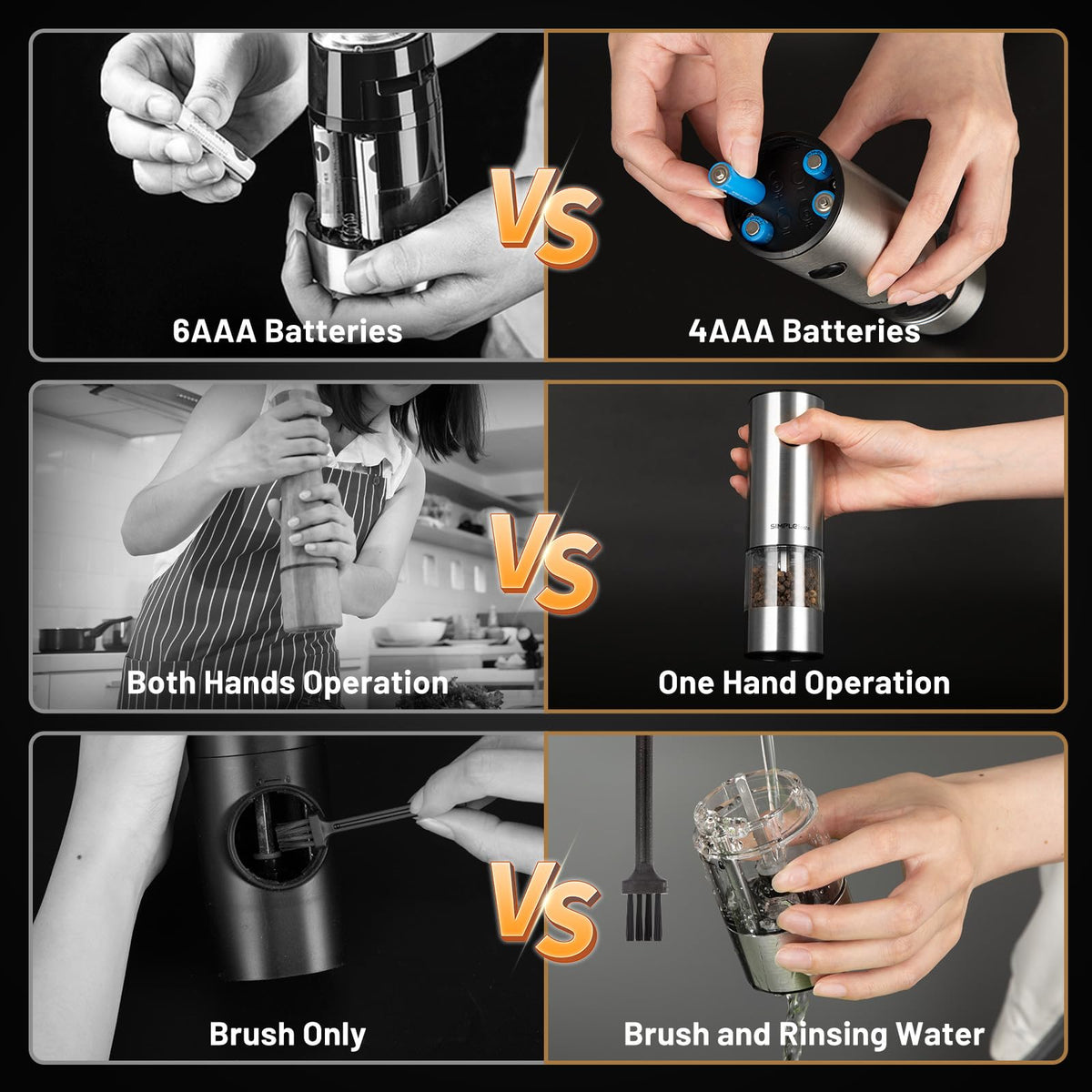 SIMPLETASTE battery-powered grinders run on 4 AAA batteries for cordless use.