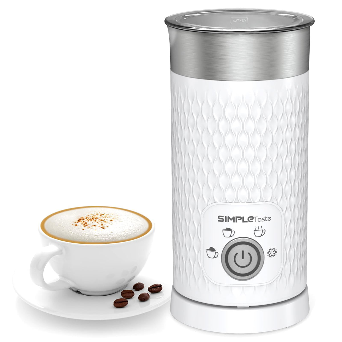 SIMPLETASTE Milk Frother close-up showing velvet foam for café-style drinks