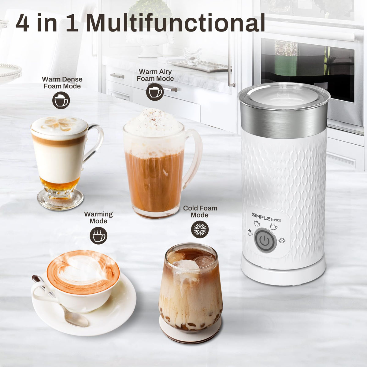SIMPLETASTE Milk Frother four-in-one function demonstrated for foam, warmth, and cold foam