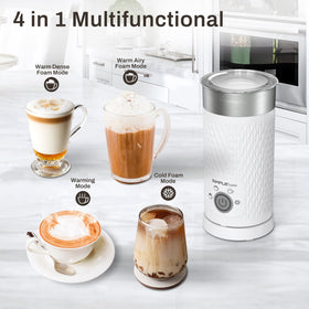 SIMPLETASTE Milk Frother four-in-one function demonstrated for foam, warmth, and cold foam