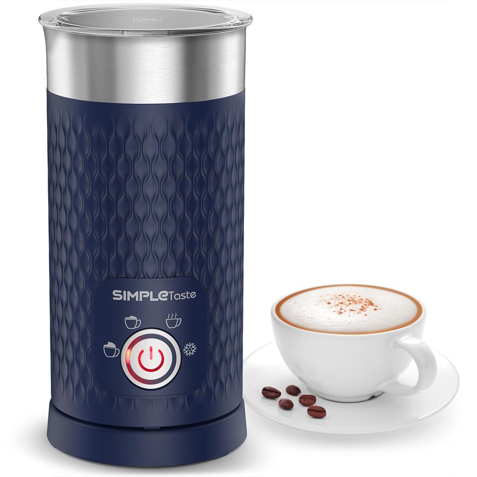 SimpleTaste milk frother front view for easy coffee prep and compact counterspace