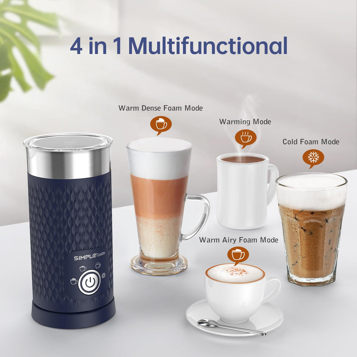SimpleTaste milk frother large capacity demonstrates up to 300 ml for hot drinks