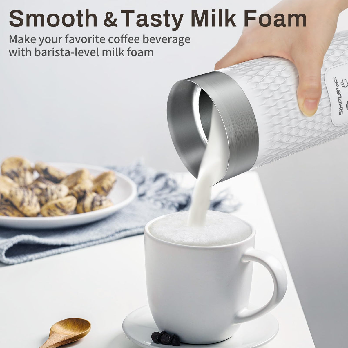 SIMPLETASTE Milk Frother warms milk for hot chocolate and matcha