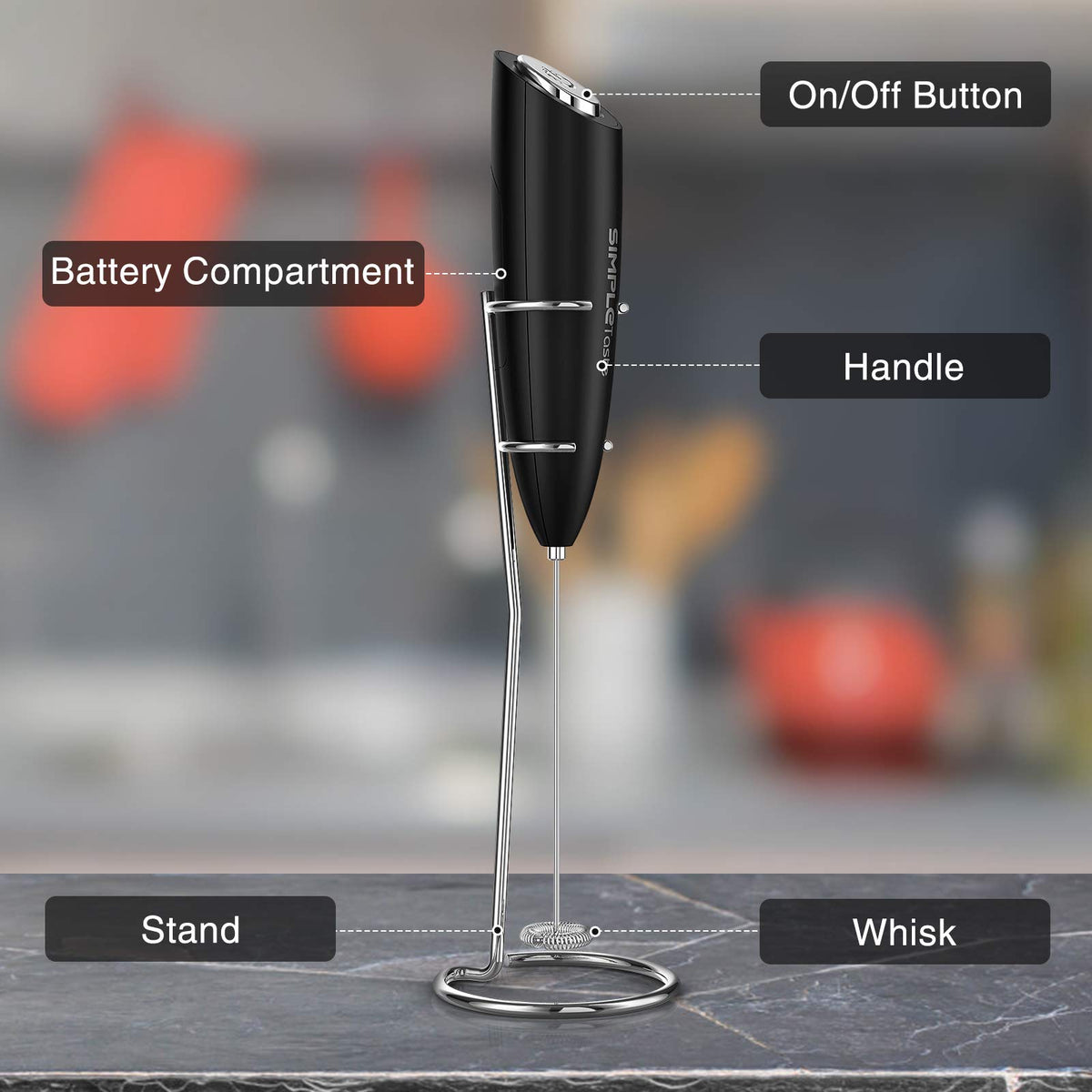 SIMPLETASTE stand keeps the frother upright on a tidy countertop