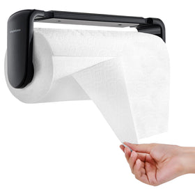 Simpletome one-hand tear system shown in a sleek black towel holder for quick access