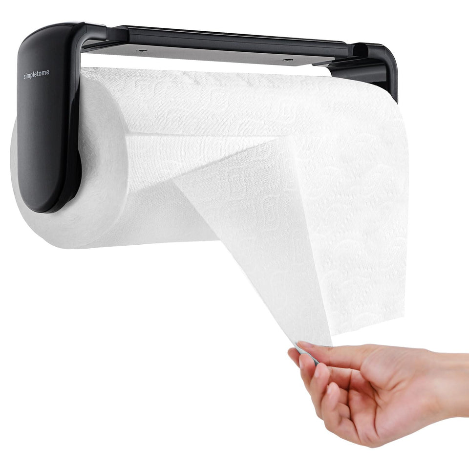 Simpletome one-hand tear system shown in a sleek black towel holder for quick access