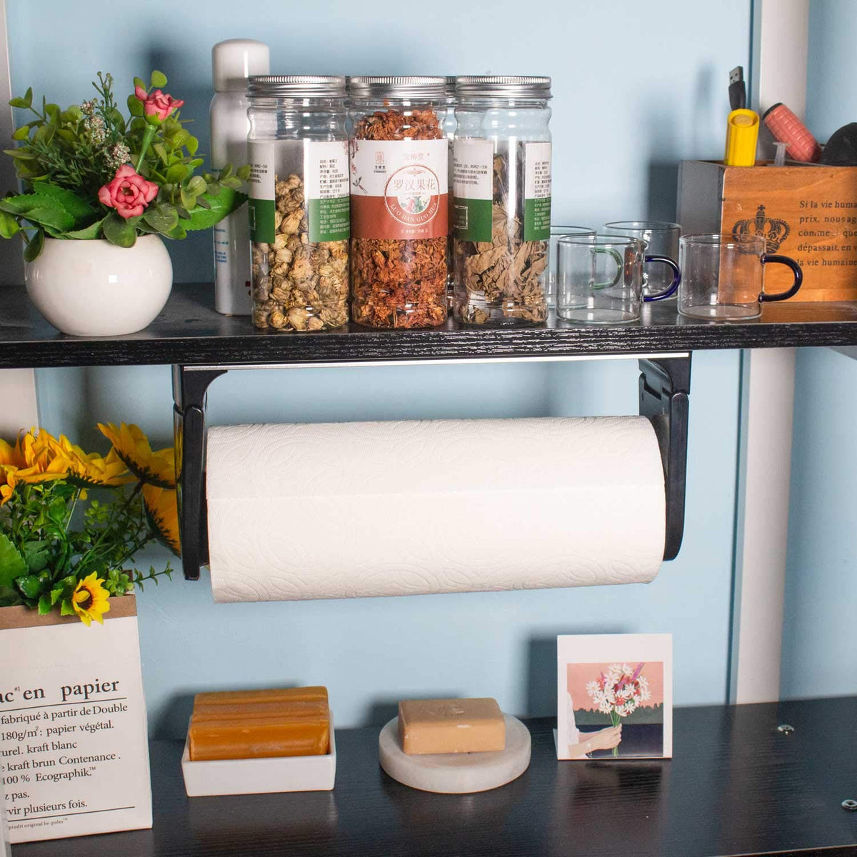 Simpletome ONE-Hand Tear Holder screw-length options for cabinet or wall mounting.