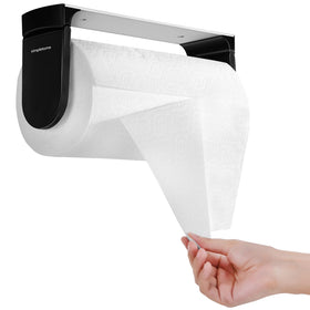Simpletome ONE-Hand Tear Holder under-cabinet adhesive close-up with sleek black finish and firm grip.