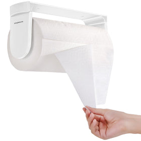 Simpletome ONE-Hand Tear Holder mounted under cabinet for quick towel access.
