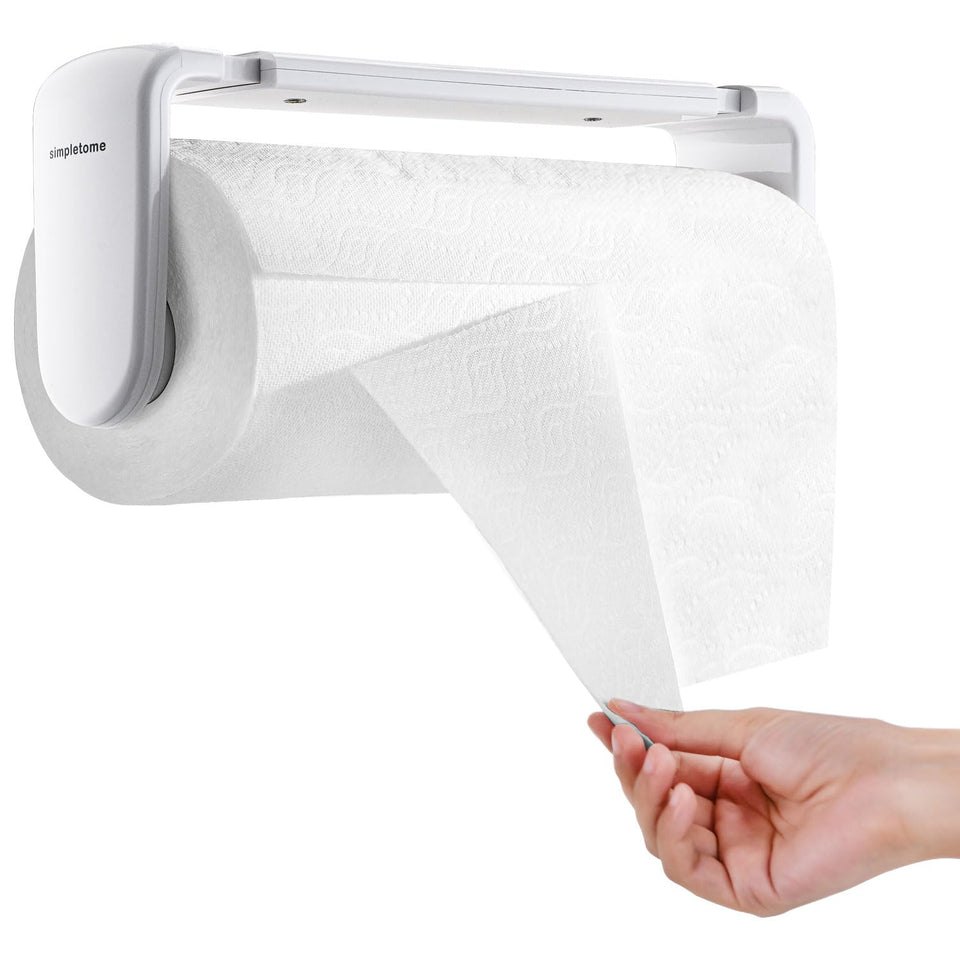 Simpletome paper towel holder showing one-hand tear action for kitchen efficiency.