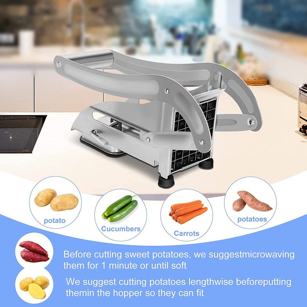 SIMPLI-MAGIC interchangeable blades show versatility for different veggie sizes.