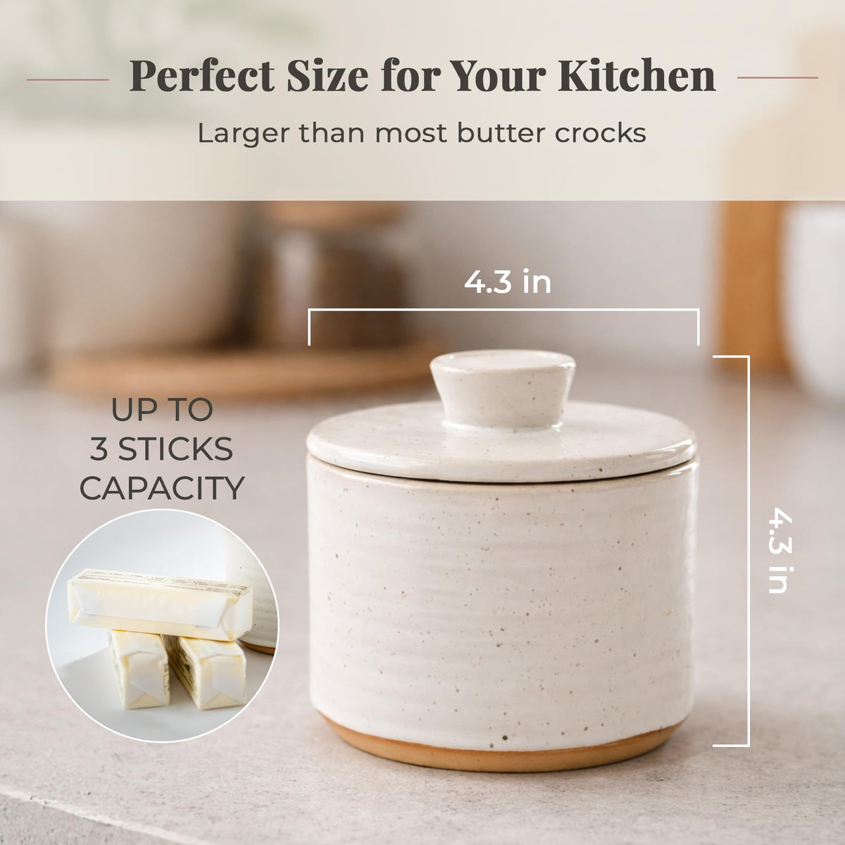 Simply Caroline speckled stoneware butter keeper adds farmhouse charm on the counter.