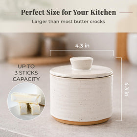 Simply Caroline speckled stoneware butter keeper adds farmhouse charm on the counter.