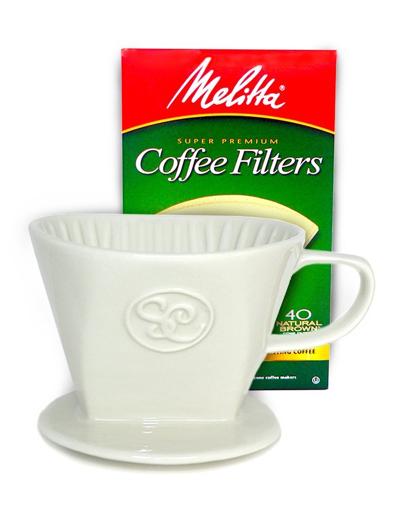 Simply Charmed ceramic pour-over dripper—front view for easy single-serve brewing.