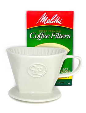 Simply Charmed ceramic pour-over dripper—front view for easy single-serve brewing.