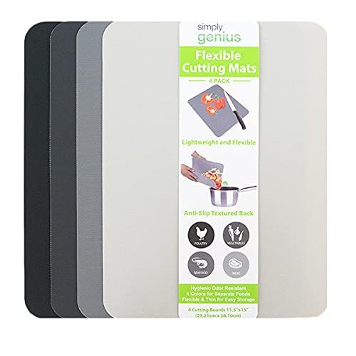 Simply Genius gray cutting mats for versatile prep and easy storage.