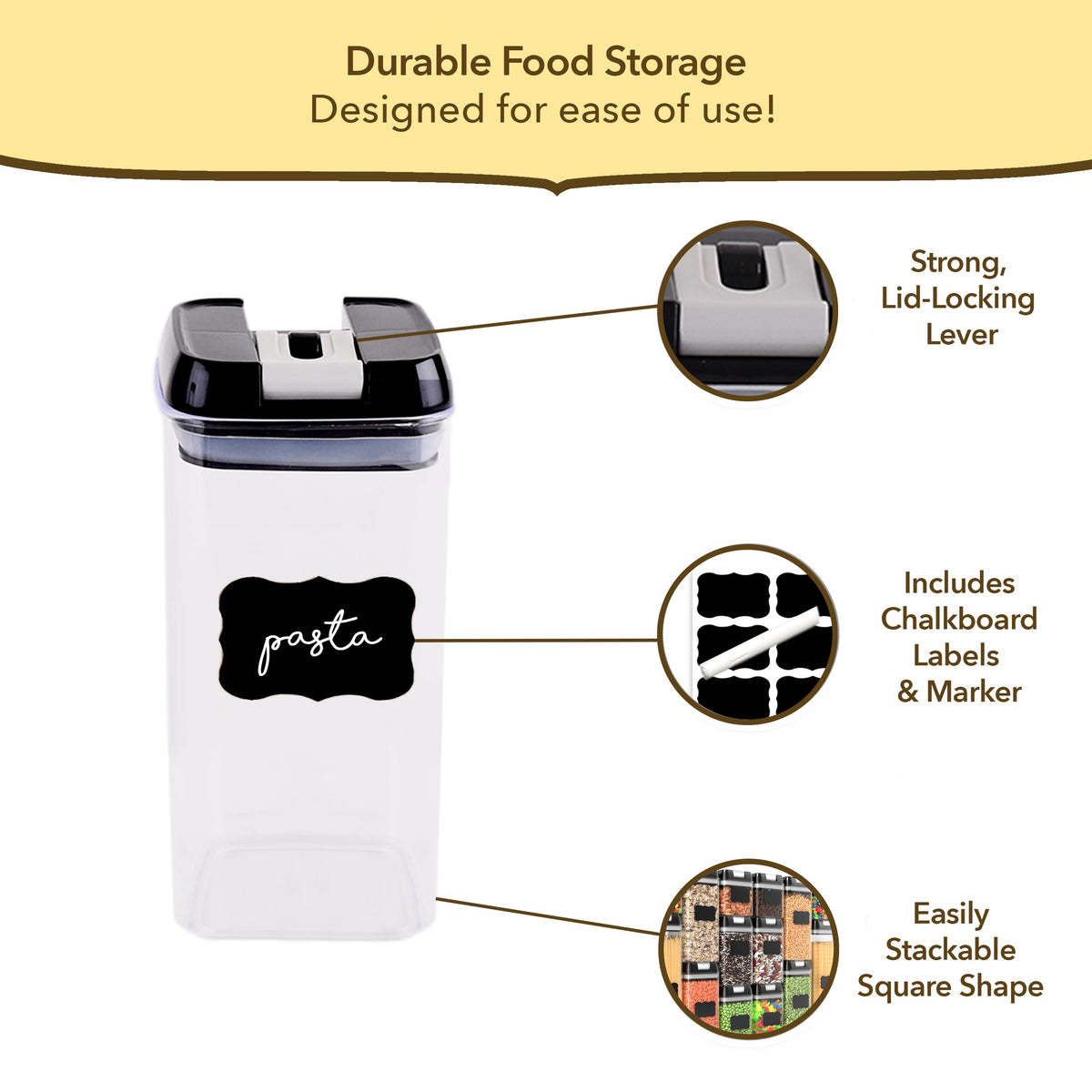 Simply Gourmet assorted-size containers for cereal, flour, sugar, and snacks.