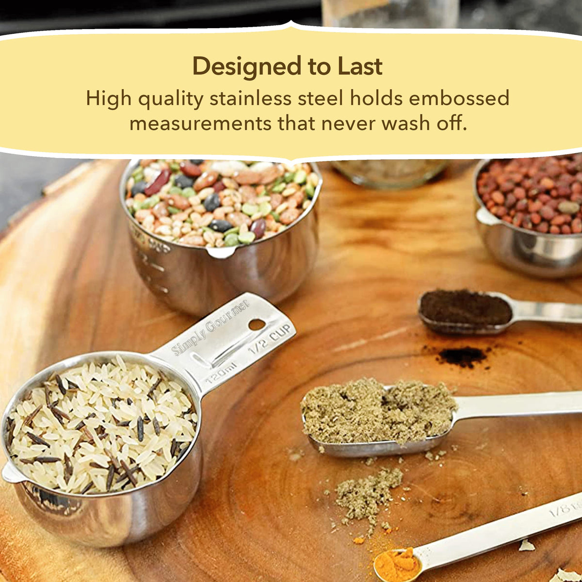 Simply Gourmet measuring spoons set highlighting compact, space-saving design.
