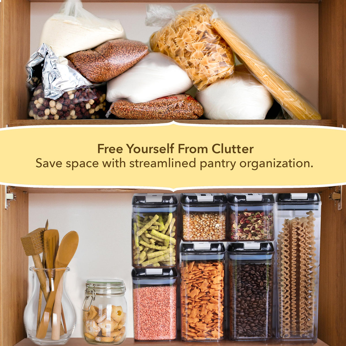 Simply Gourmet stackable container design saves pantry space and keeps items organized.