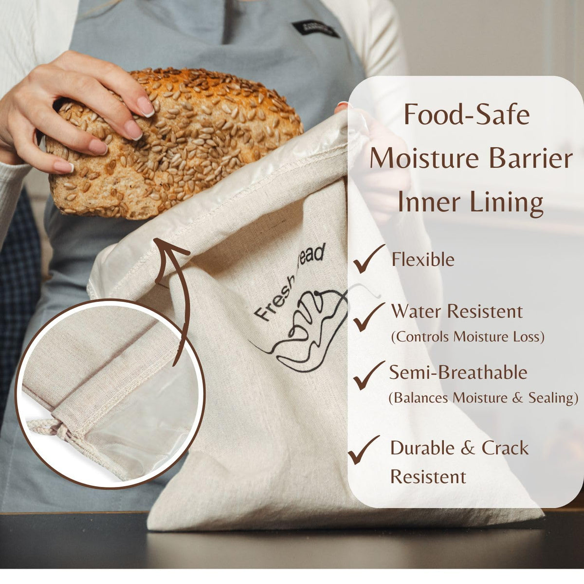 Breathable linen helps maintain bread texture without moisture buildup.