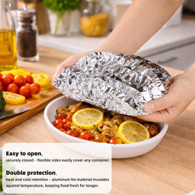 Sinbana universal-fit foil cover for containers of any shape and size.
