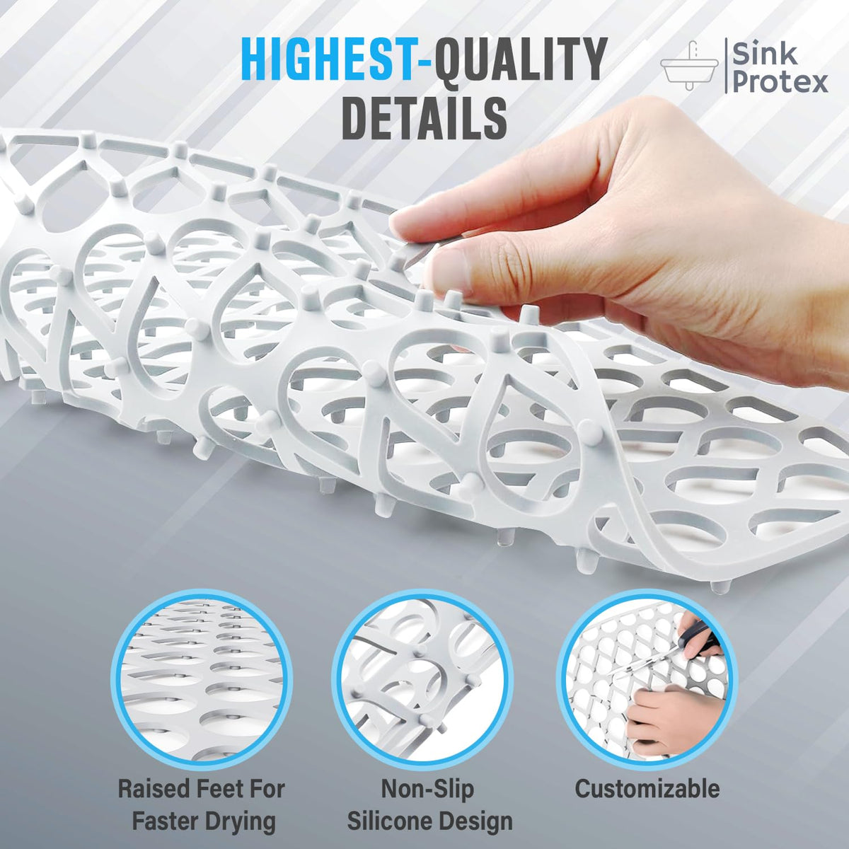 Sink Protex flexible sink mat trimmed to fit around a drain.