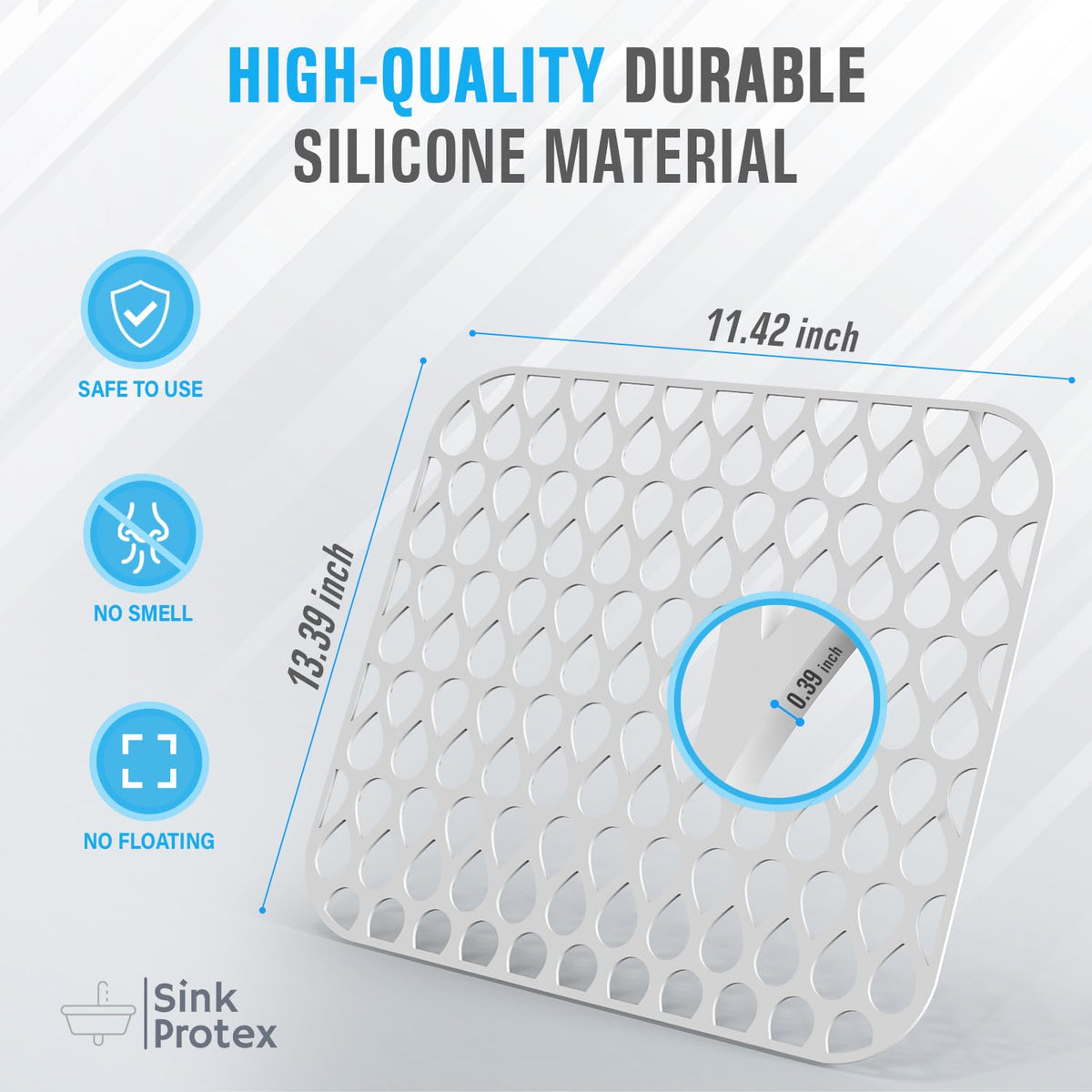 Sink Protex silicone sink mat shown for dishwasher-safe cleaning.