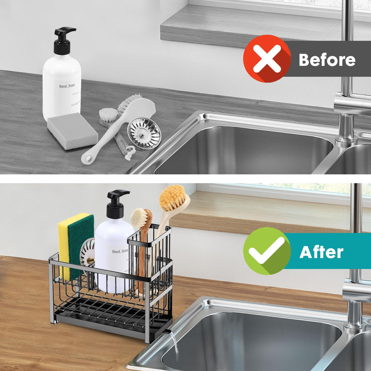 Sinnsally four-section divider keeps detergents, sponges, and scrubbers organized.