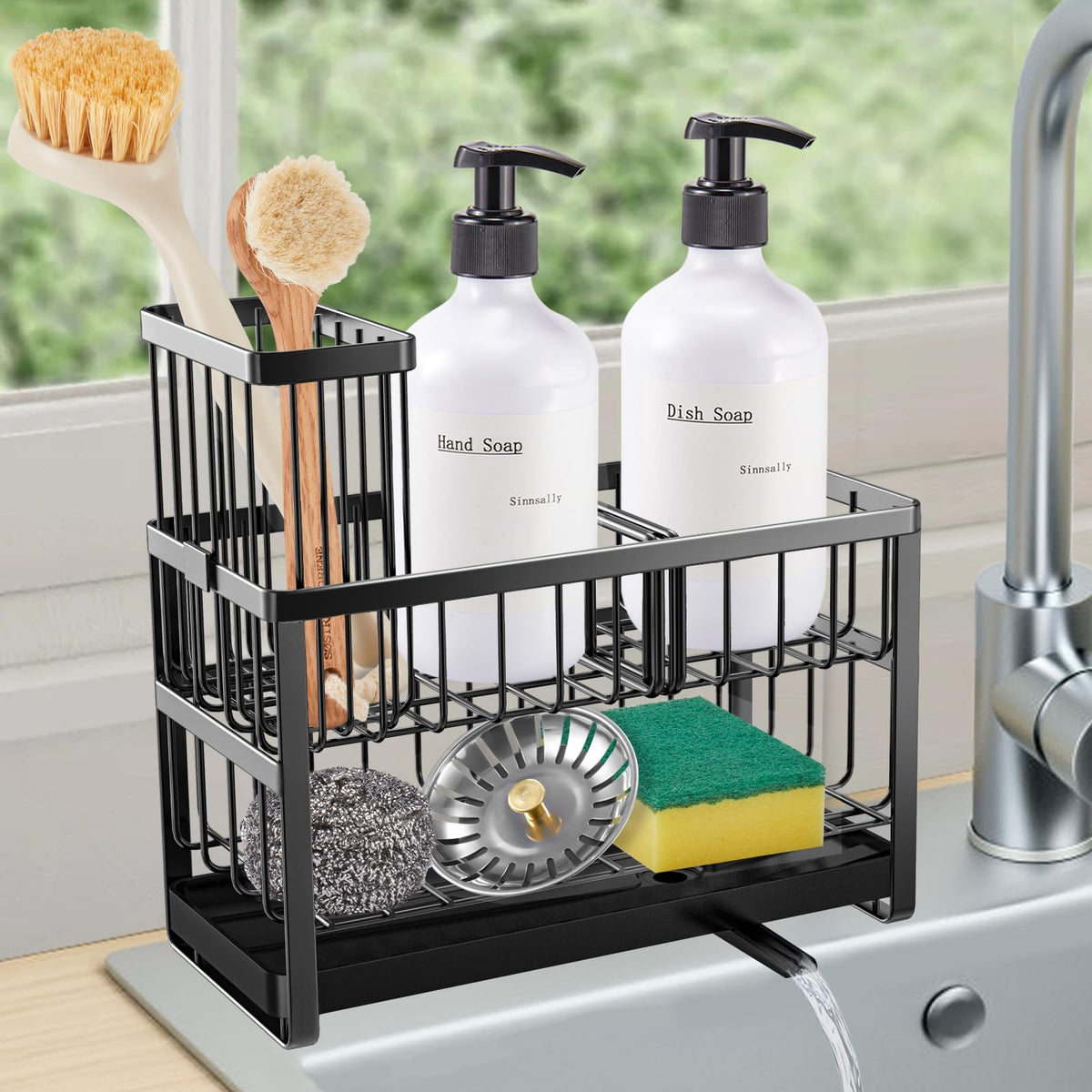 Sinnsally sponge holder front view with two-tier storage on the counter.