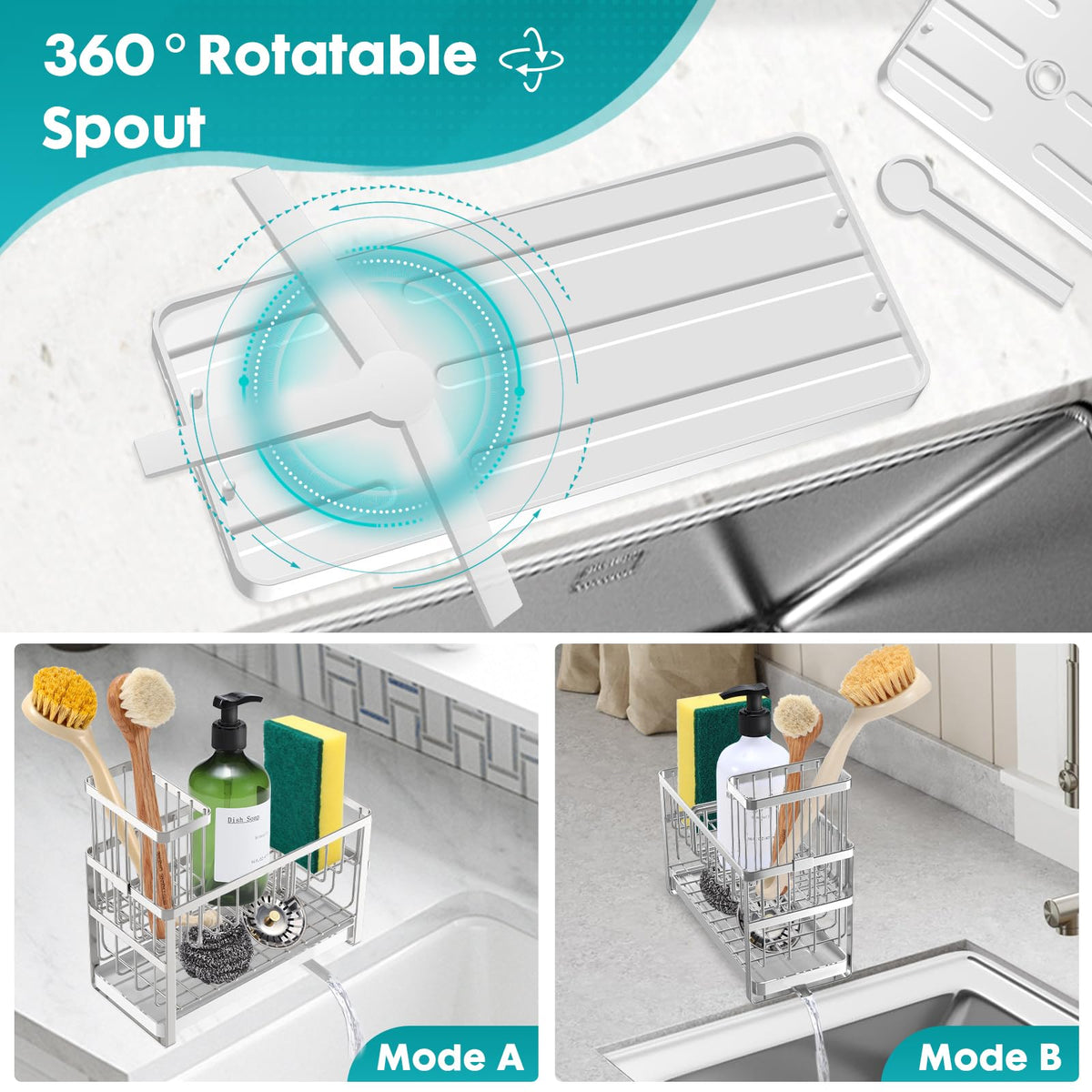 Sinnsally sink caddy shows a 360-degree rotatable spout for precise drainage.
