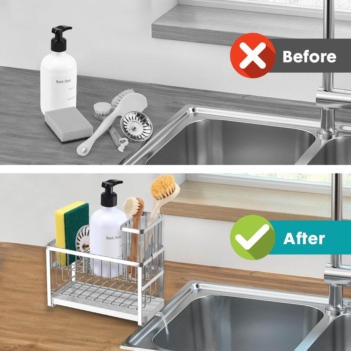 Sinnsally sink caddy brush holder fits up to four brushes for quick access.