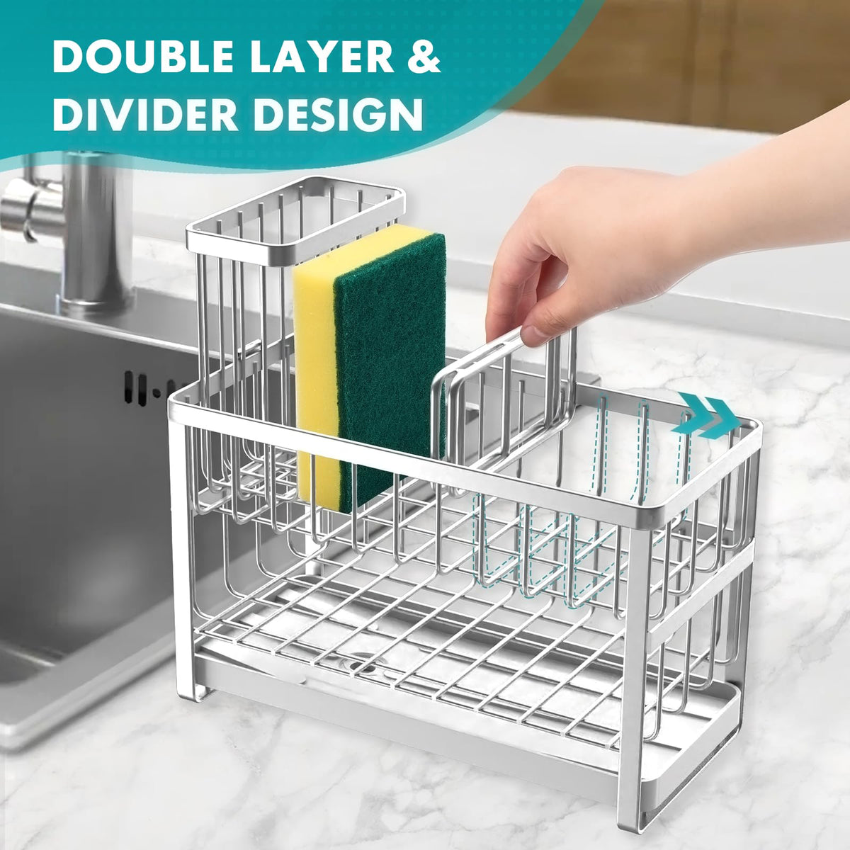 Sinnsally sink caddy divider design separates four storage zones for neat organization.