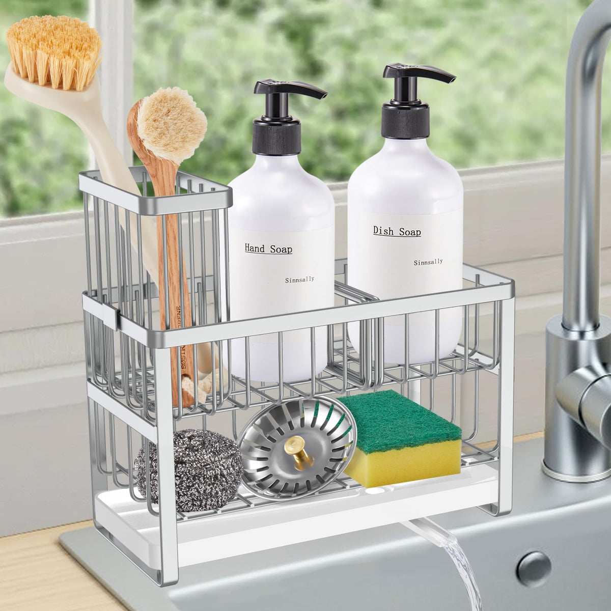Sinnsally sink caddy demonstrates double-layer capacity for bottles and tools on the counter.