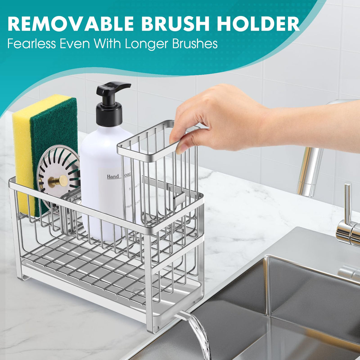 Sinnsally sink caddy features a removable drip tray to keep countertops dry.